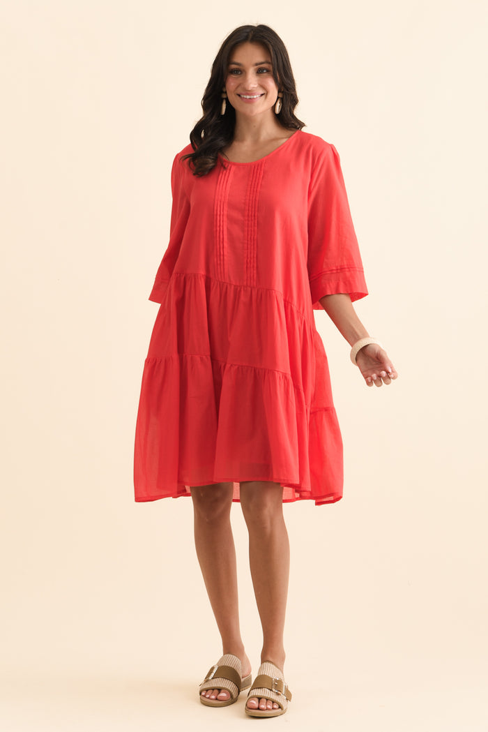 Portia Red Cotton Asymmetrical Dress,Brunette model,alt text|model:Brontie