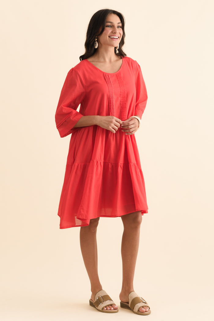 Portia Red Cotton Asymmetrical Dress,Brunette model,alt text|model:Brontie