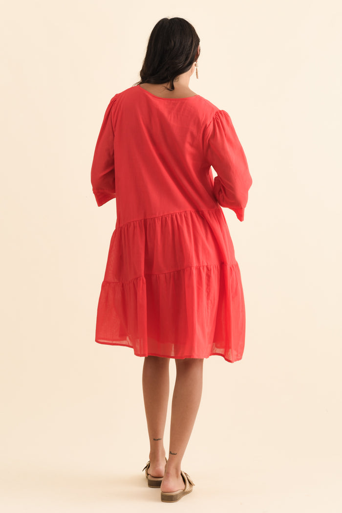 Portia Red Cotton Asymmetrical Dress,Brunette model,alt text|model:Brontie