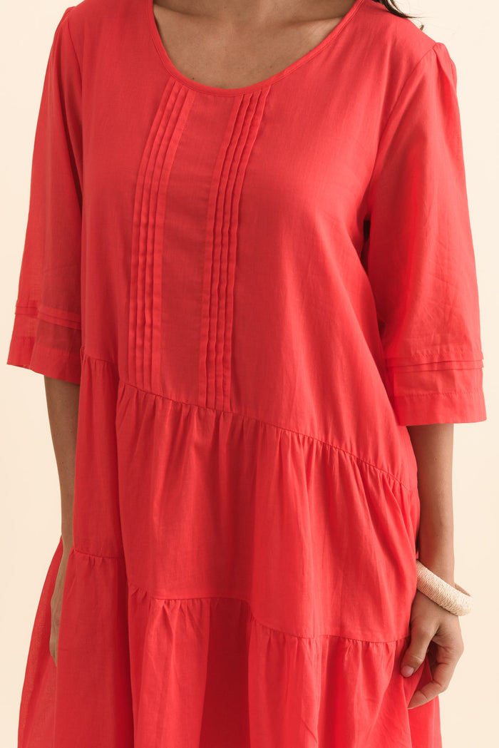Portia Red Cotton Asymmetrical Dress,Brunette model,alt text|model:Brontie