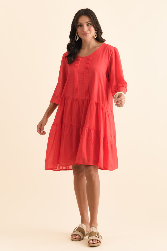Portia Red Cotton Asymmetrical Dress,Brunette model,alt text|model:Brontie