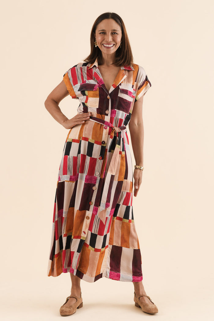 Portia Red Geo Tie Dress,Front,Brunette model,alt text|model:Cara