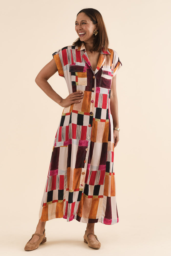 Portia Red Geo Tie Dress,Full Body,Brunette model,alt text|model:Cara