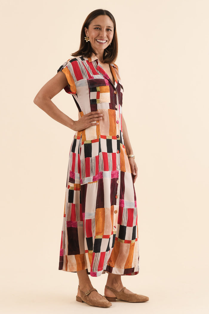 Portia Red Geo Tie Dress,Side,Brunette model,alt text|model:Cara