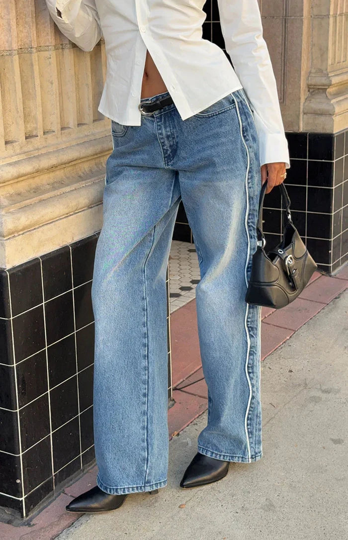 Posey Mid Wash Contrast Seam Wide Leg Jeans