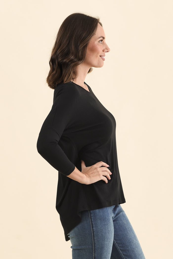 Prado Black Batwing Top,Side,Brunette model,alt text|model:MJ