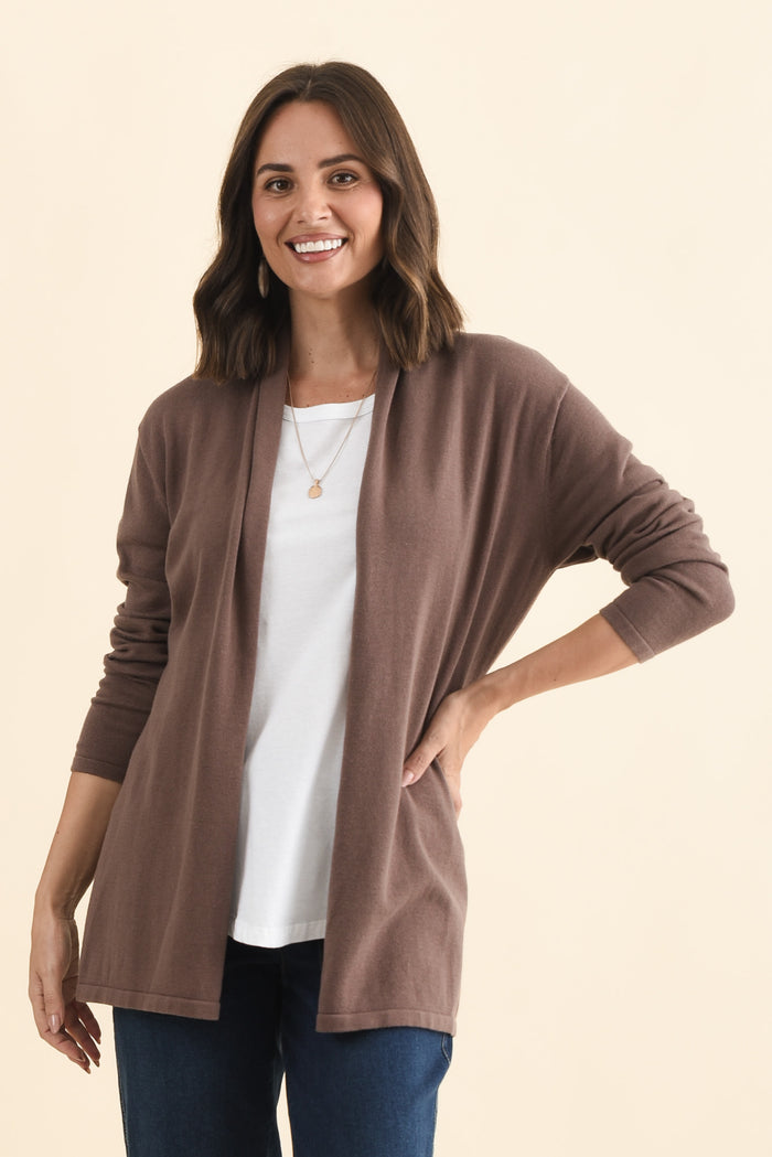 Primrose Chocolate Cotton Drape Cardigan,Brunette model,alt text|model:MJ