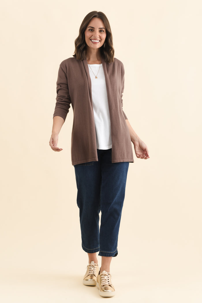 Primrose Chocolate Cotton Drape Cardigan,Brunette model,alt text|model:MJ