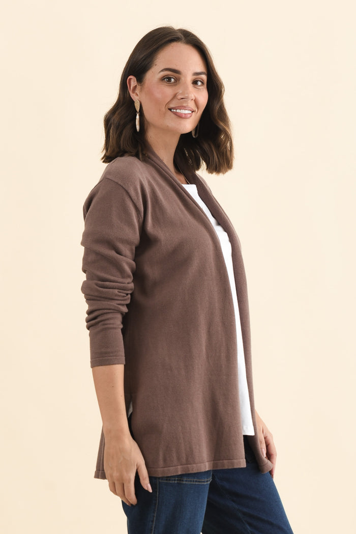 Primrose Chocolate Cotton Drape Cardigan,Brunette model,alt text|model:MJ