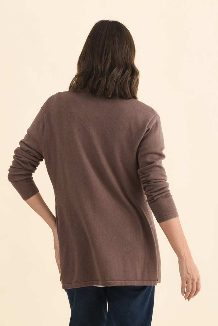 Primrose Chocolate Cotton Drape Cardigan,Brunette model,alt text|model:MJ