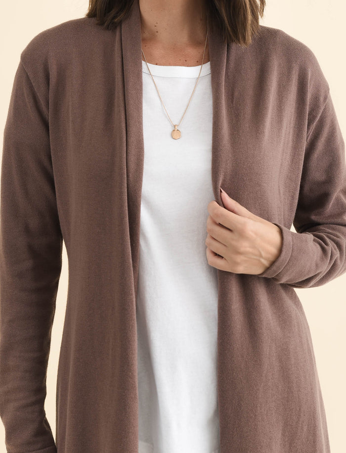 Primrose Chocolate Cotton Drape Cardigan,Brunette model,alt text|model:MJ