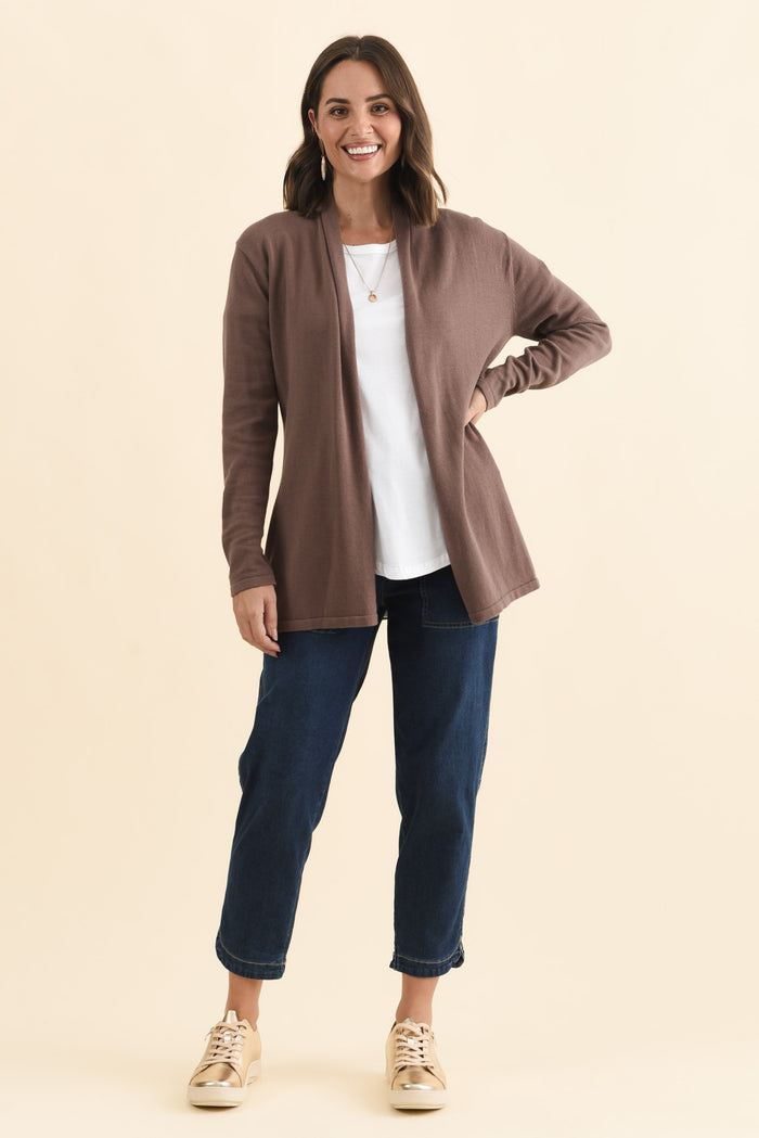 Primrose Chocolate Cotton Drape Cardigan,Brunette model,alt text|model:MJ