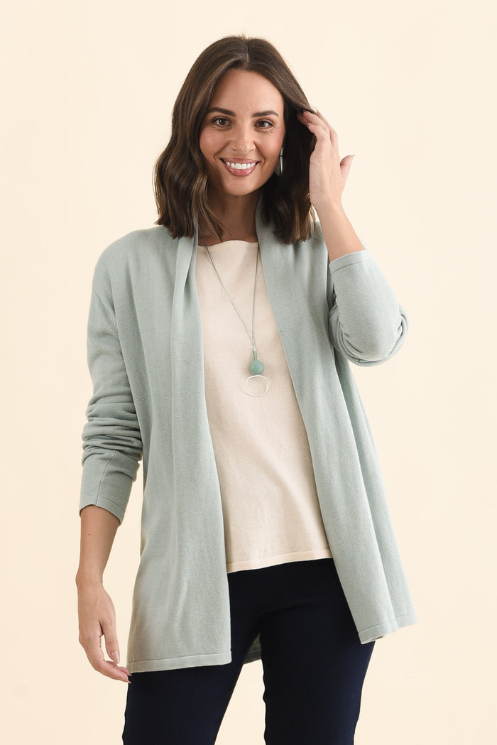 Primrose Mint Cotton Drape Cardigan,Brunette model,alt text|model:MJ