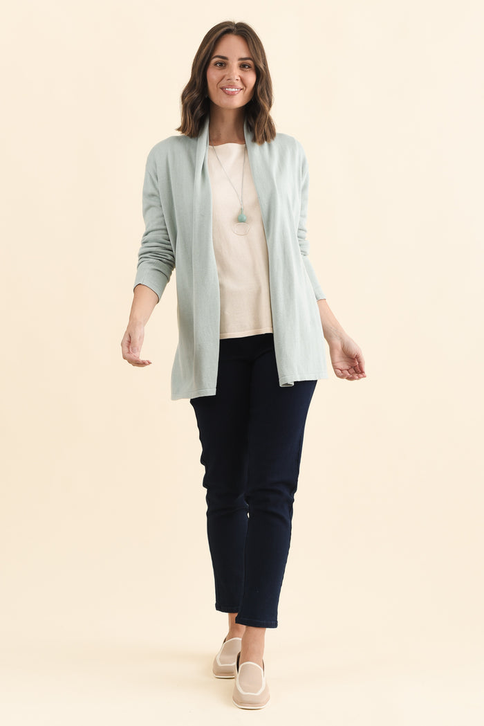 Primrose Mint Cotton Drape Cardigan,Brunette model,alt text|model:MJ