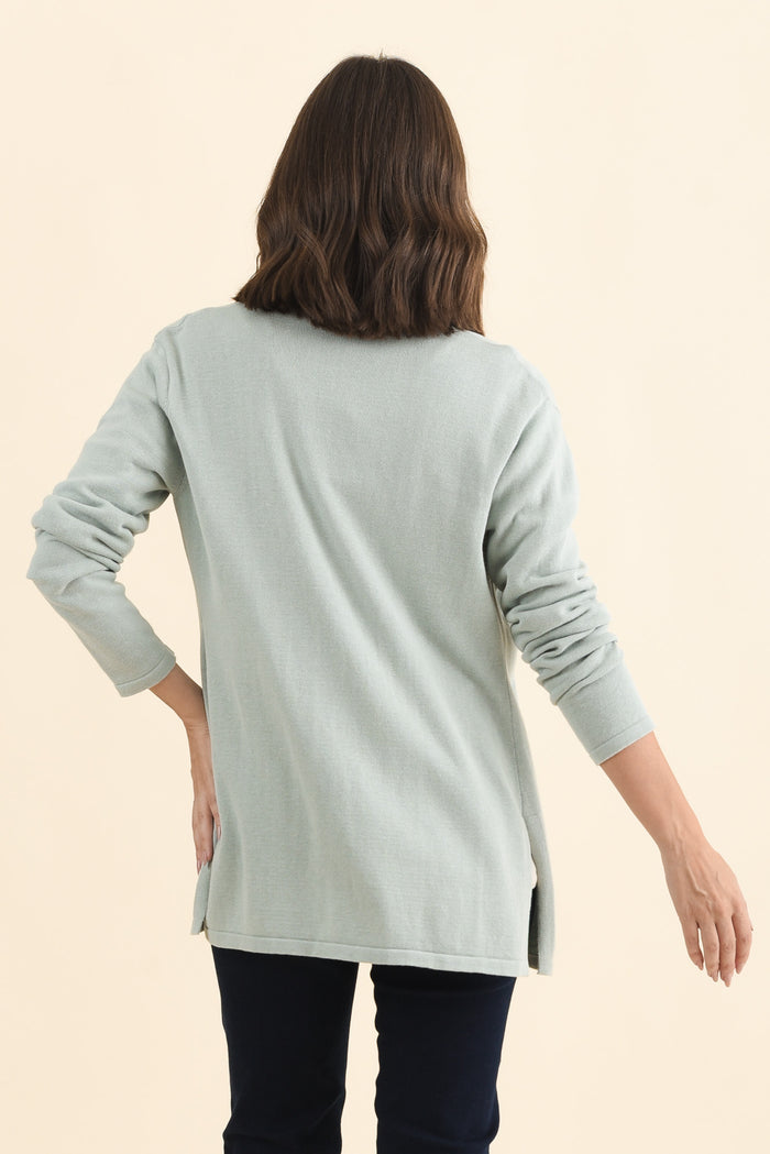 Primrose Mint Cotton Drape Cardigan,Brunette model,alt text|model:MJ