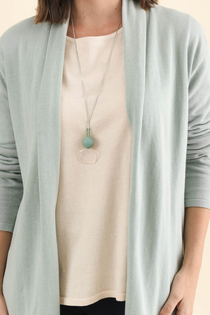 Primrose Mint Cotton Drape Cardigan,Brunette model,alt text|model:MJ