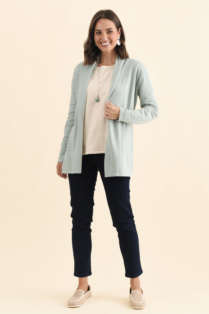 Primrose Mint Cotton Drape Cardigan,Brunette model,alt text|model:MJ