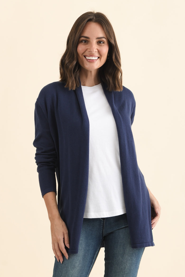 Primrose Navy Cotton Drape Cardigan,Brunette model,alt text|model:MJ