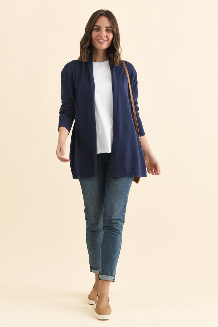 Primrose Navy Cotton Drape Cardigan,Brunette model,alt text|model:MJ