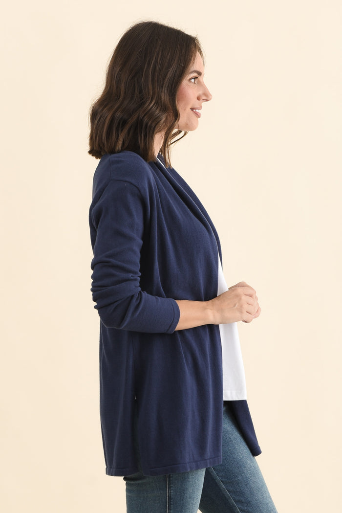 Primrose Navy Cotton Drape Cardigan,Brunette model,alt text|model:MJ