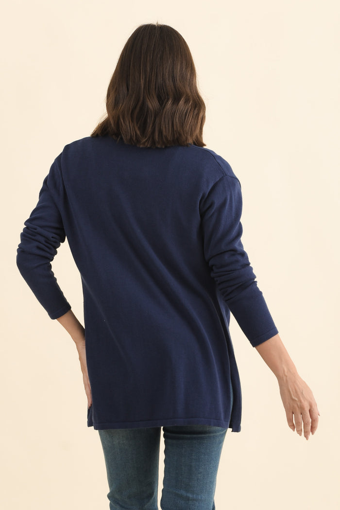 Primrose Navy Cotton Drape Cardigan,Brunette model,alt text|model:MJ