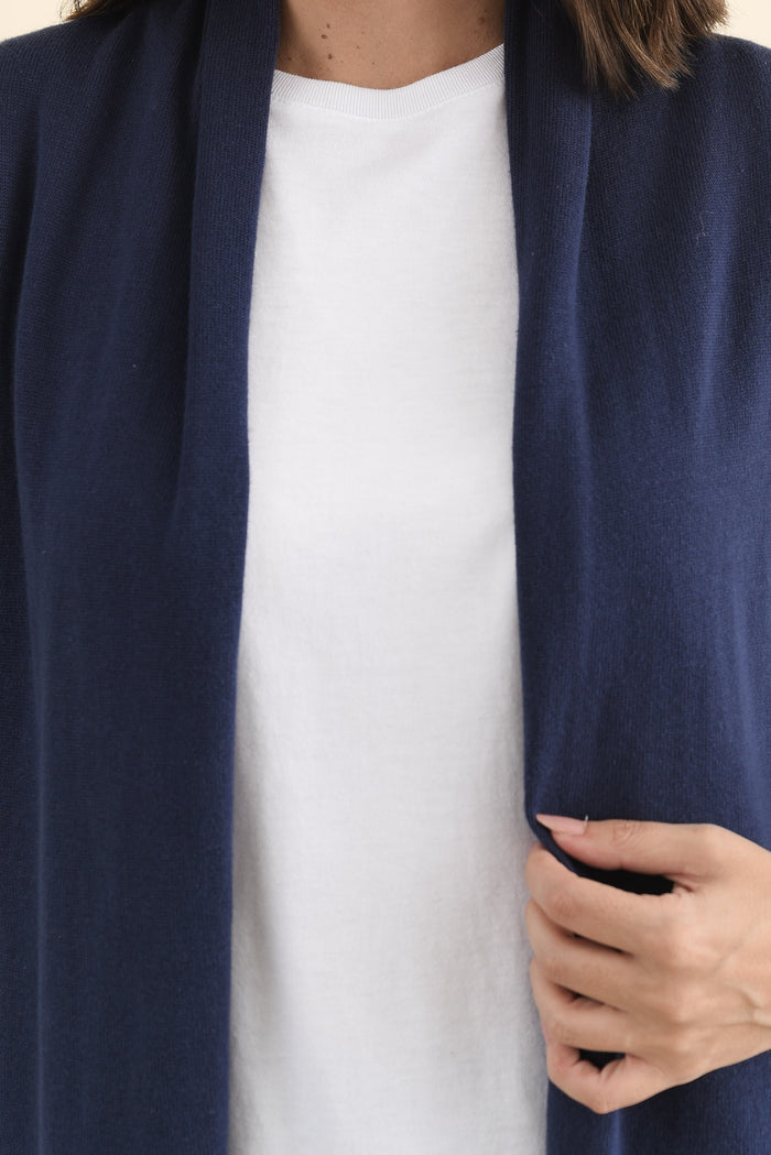 Primrose Navy Cotton Drape Cardigan,Brunette model,alt text|model:MJ