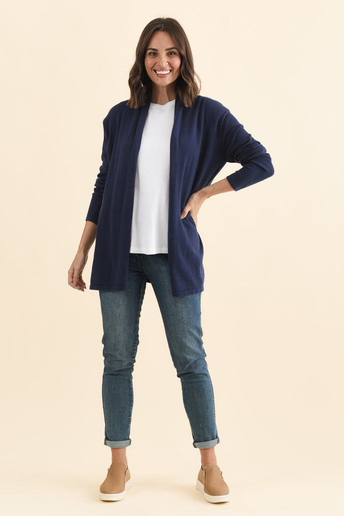 Primrose Navy Cotton Drape Cardigan,Brunette model,alt text|model:MJ