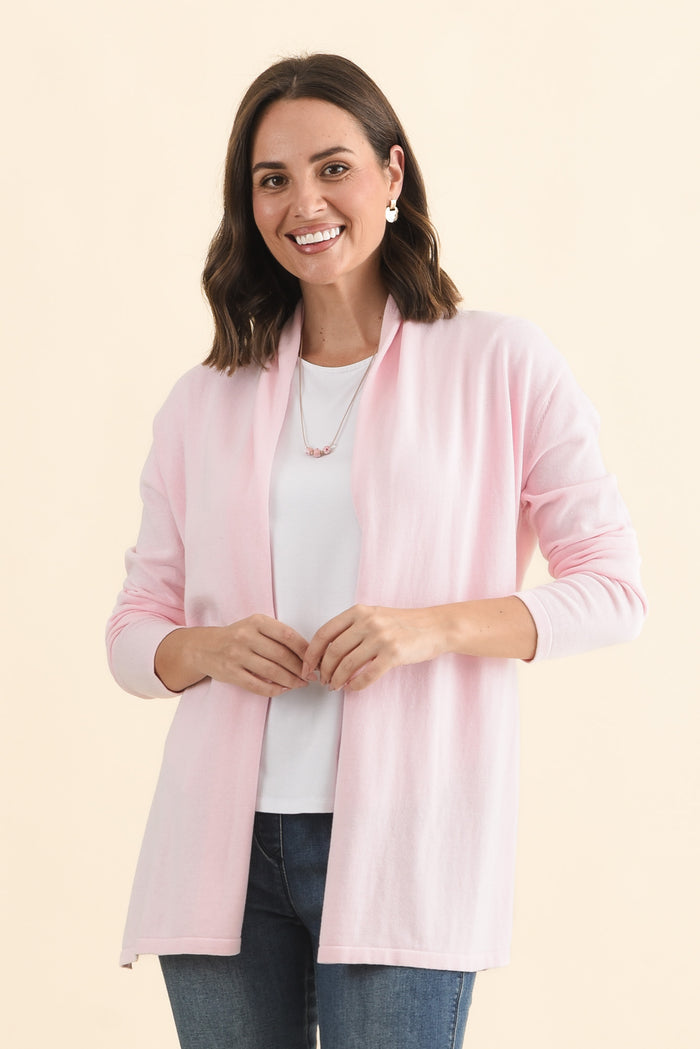 Primrose Pink Cotton Drape Cardigan,Brunette model,alt text|model:MJ