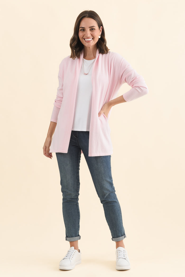 Primrose Pink Cotton Drape Cardigan,Brunette model,alt text|model:MJ