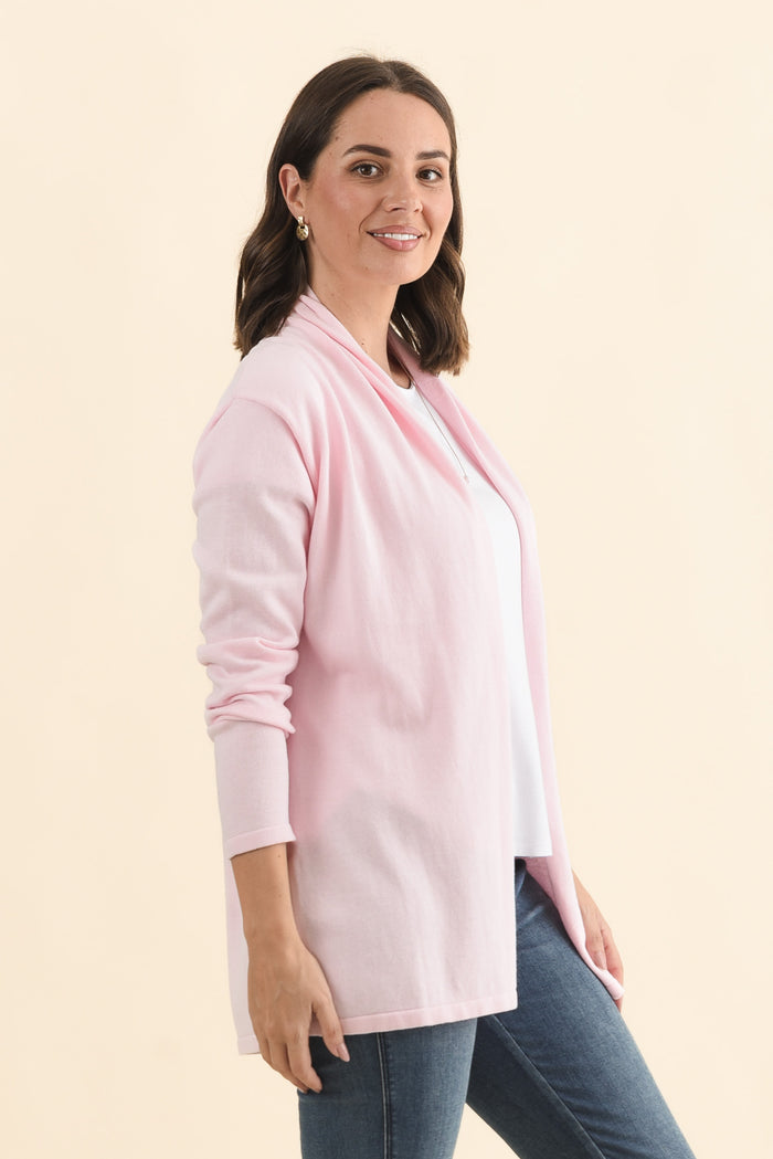 Primrose Pink Cotton Drape Cardigan,Brunette model,alt text|model:MJ