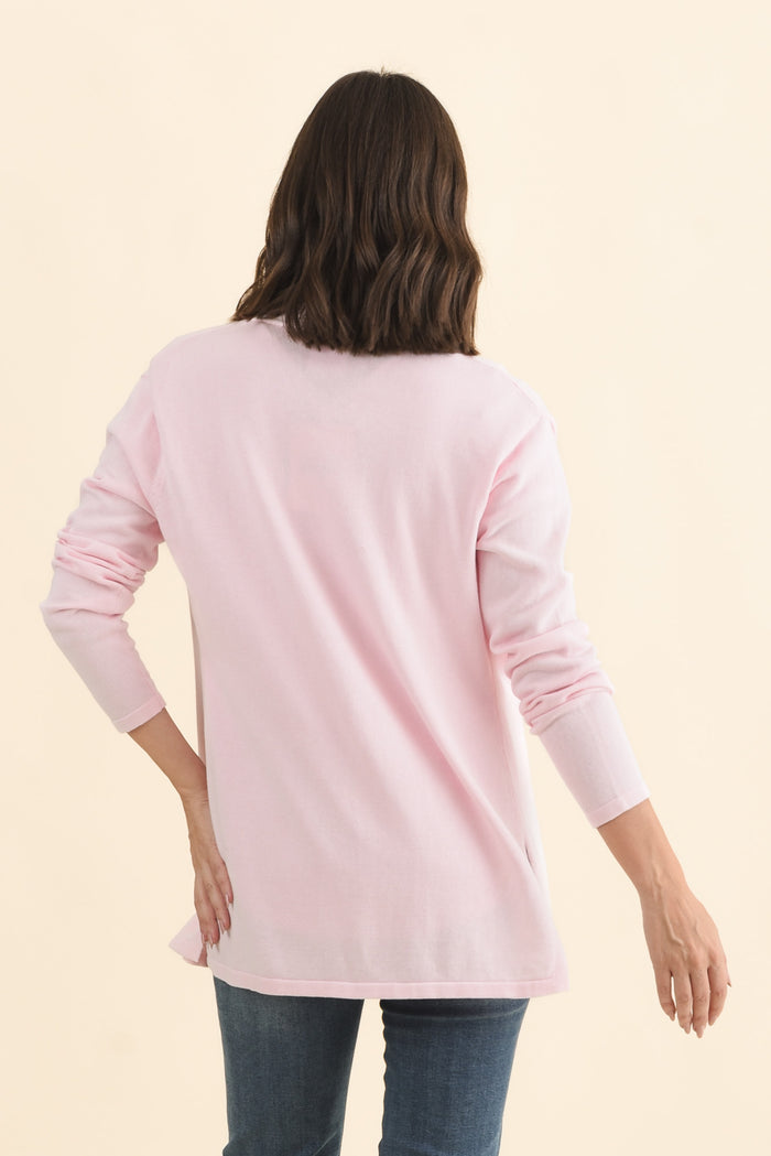 Primrose Pink Cotton Drape Cardigan,Brunette model,alt text|model:MJ