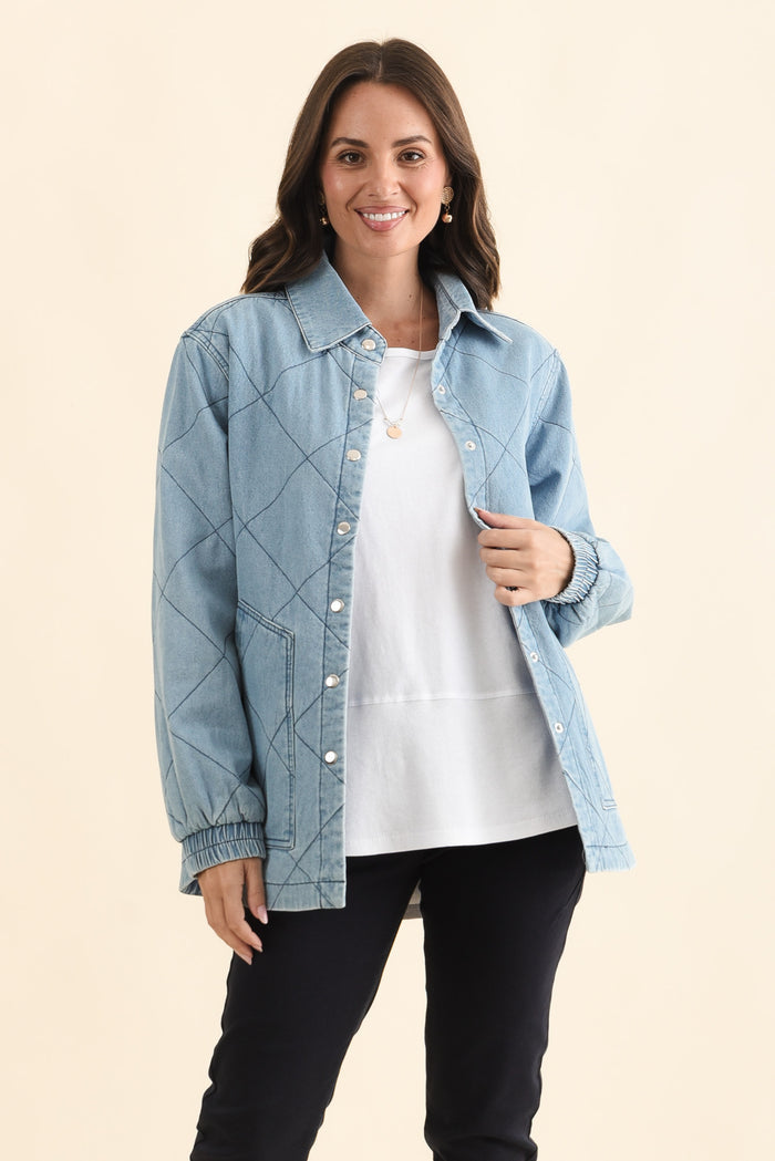 Quest Blue Quilted Jacket,Brunette model,alt text|model:MJ