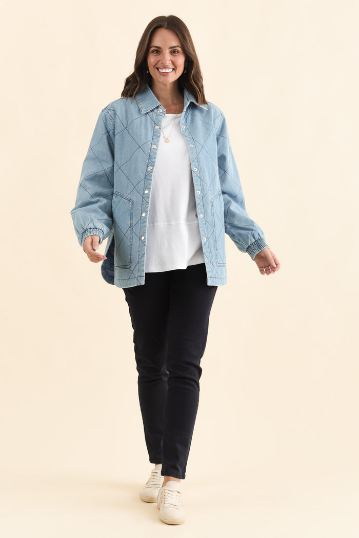 Quest Blue Quilted Jacket,Brunette model,alt text|model:MJ
