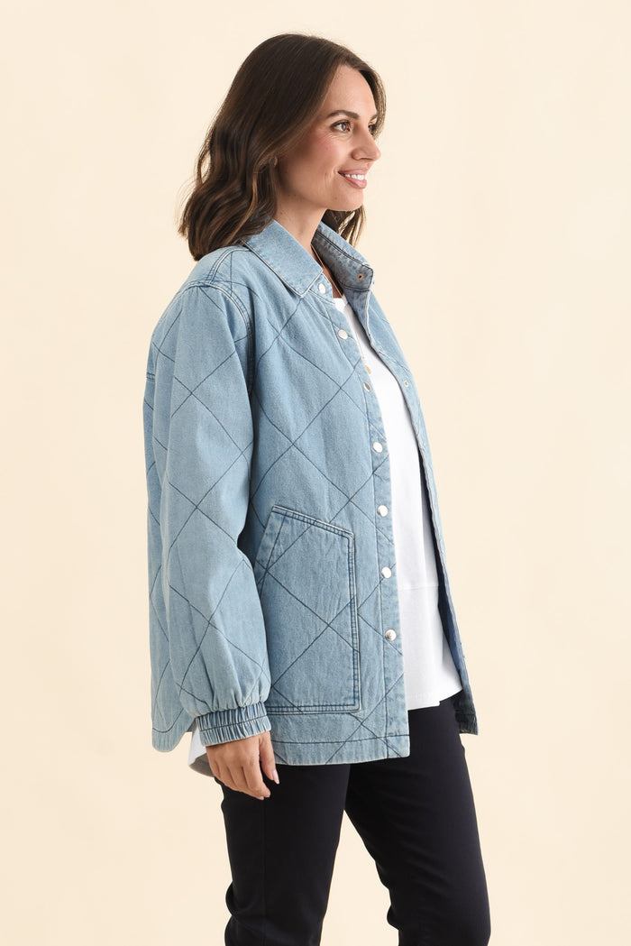 Quest Blue Quilted Jacket,Brunette model,alt text|model:MJ