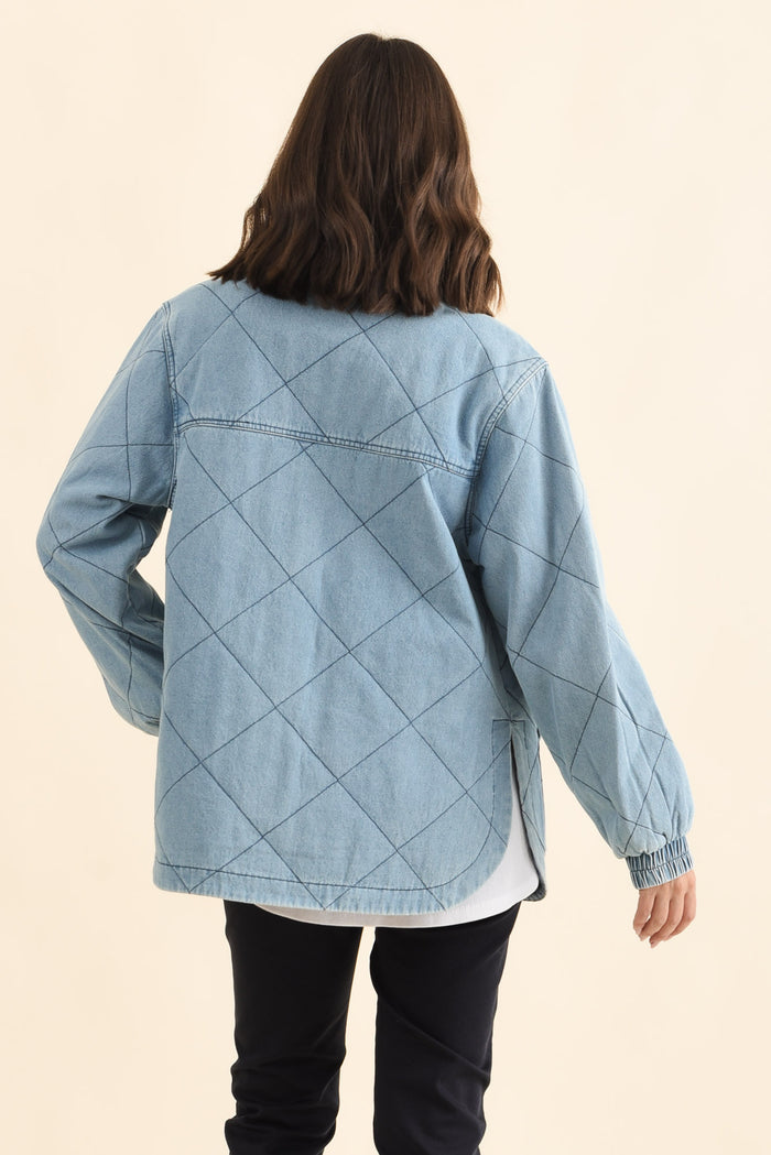 Quest Blue Quilted Jacket,Brunette model,alt text|model:MJ