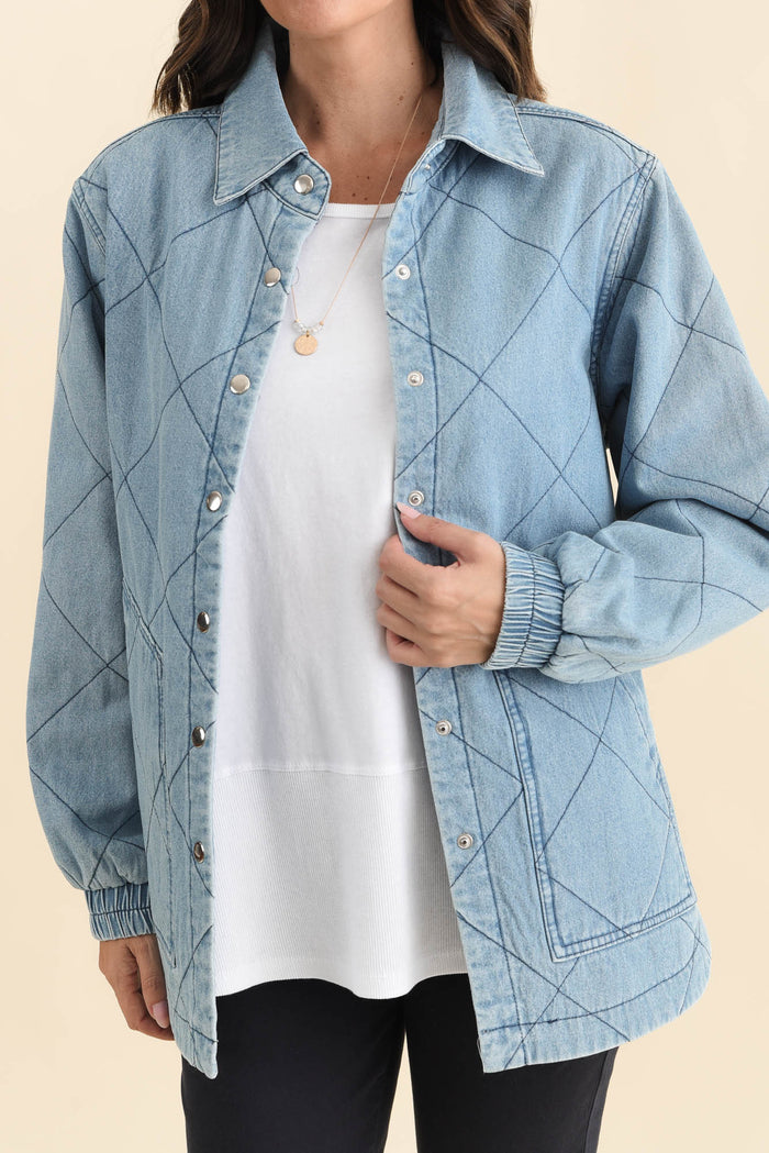 Quest Blue Quilted Jacket,Brunette model,alt text|model:MJ