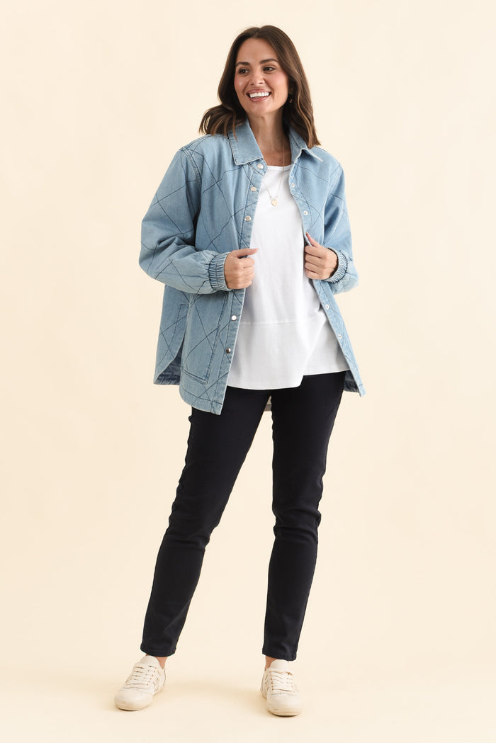 Quest Blue Quilted Jacket,Brunette model,alt text|model:MJ