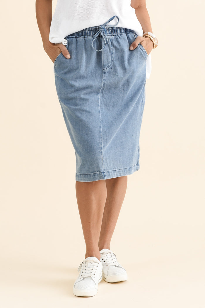 Quinn Blue Denim Drawstring Skirt,brunette model,Front of Outfit,alt text|model:Cara