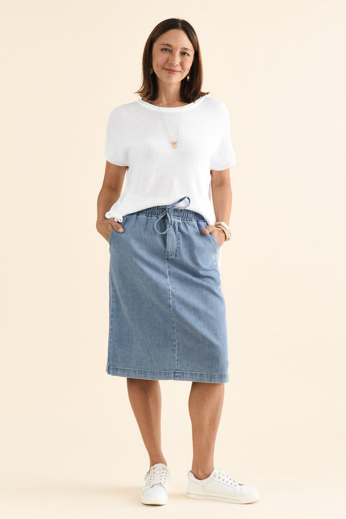 Quinn Blue Denim Drawstring Skirt,brunette model,Full Outfit,alt text|model:Cara
