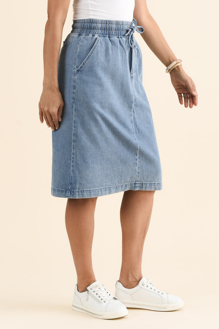 Quinn Blue Denim Drawstring Skirt,brunette model,Side of Outfit,alt text|model:Cara