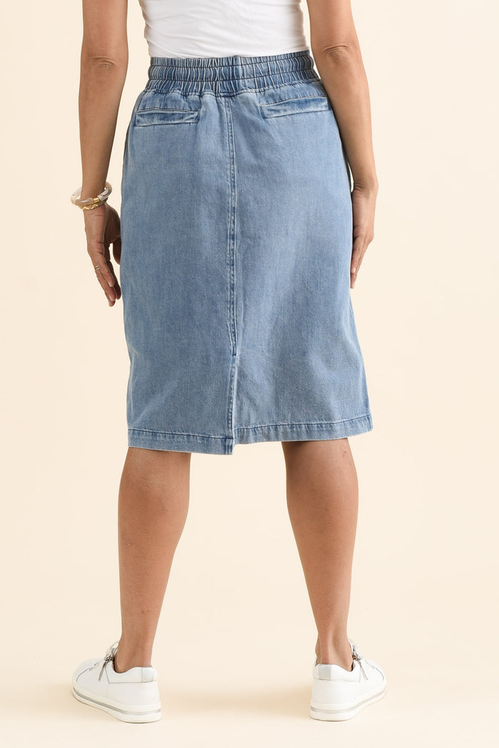 Quinn Blue Denim Drawstring Skirt,brunette model,Back of Outfit,alt text|model:Cara