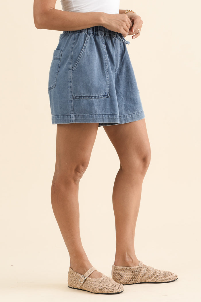 Quinn Blue Denim Pocket Shorts,brunette model,Side of Outfit,alt text|model:Cara