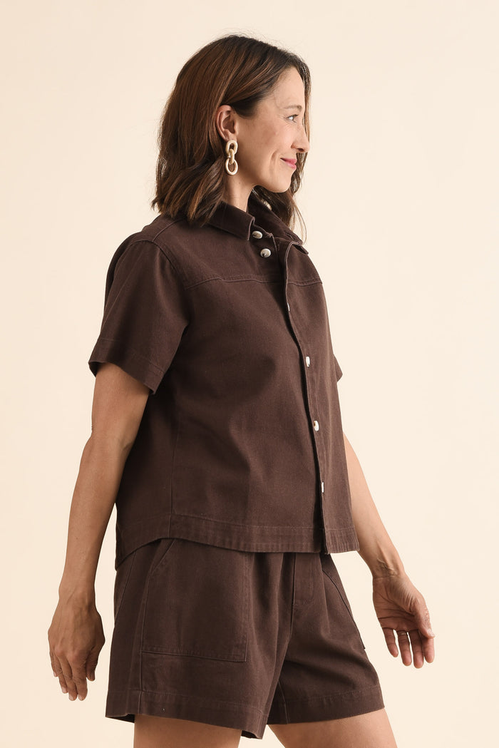 Quinn Chocolate Denim Collared Shirt,Side,Brunette model,alt text|model:Cara