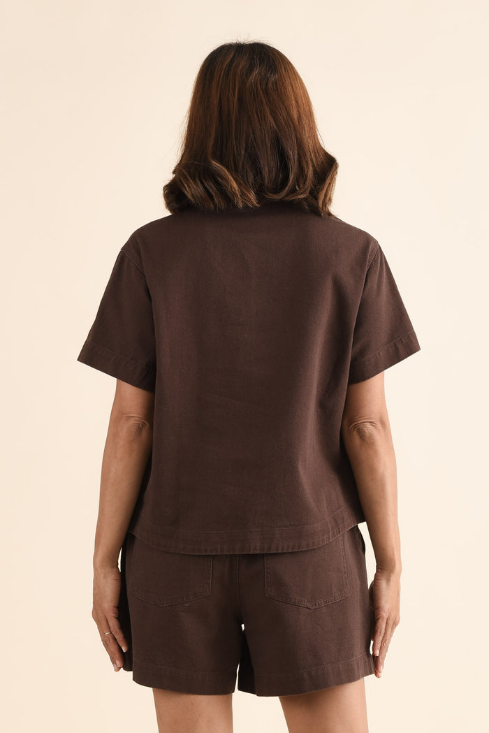 Quinn Chocolate Denim Collared Shirt,Back,Brunette model,alt text|model:Cara
