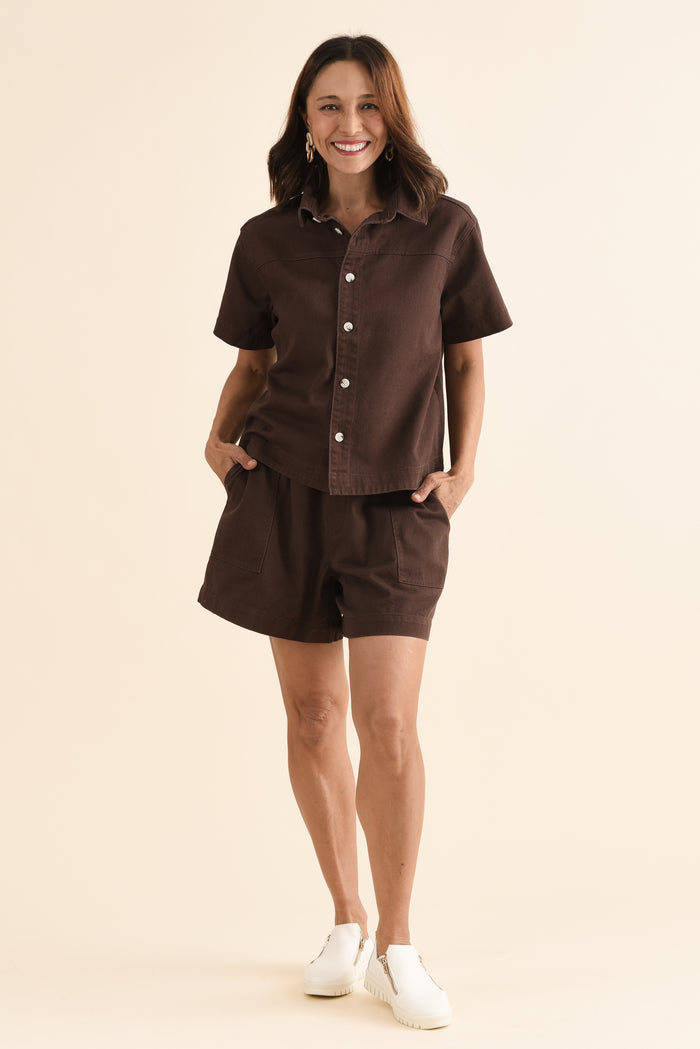 Quinn Chocolate Denim Collared Shirt,Full Body,Brunette model,alt text|model:Cara