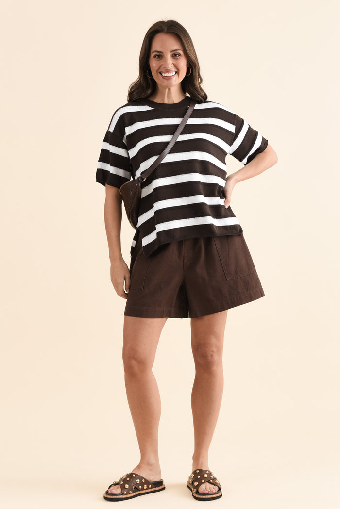 Quinn Chocolate Denim Pocket Shorts,Full Body,Brunette model,alt text|model:MJ