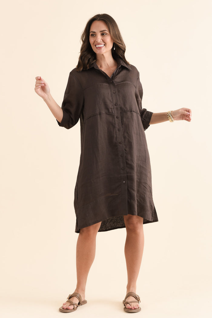 Radley Chocolate Cotton Pleated Shirt Dress,Front,Brunette model,alt text|model:MJ