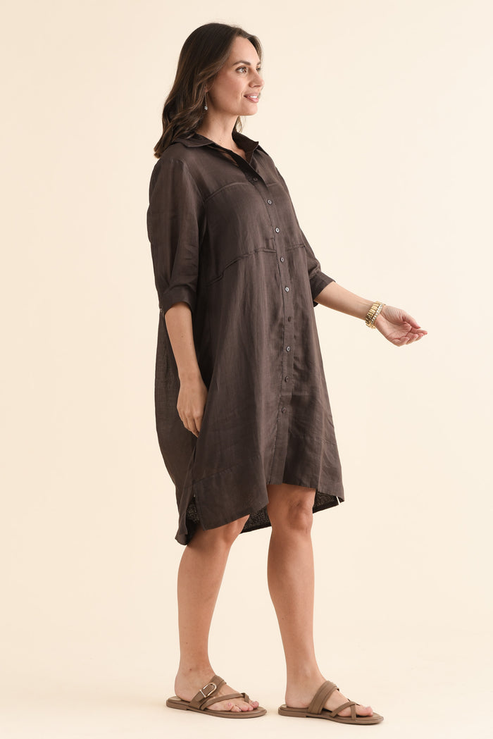 Radley Chocolate Cotton Pleated Shirt Dress,Side,Brunette model,alt text|model:MJ