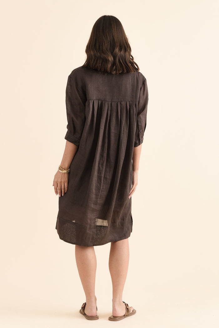 Radley Chocolate Cotton Pleated Shirt Dress,Back,Brunette model,alt text|model:MJ