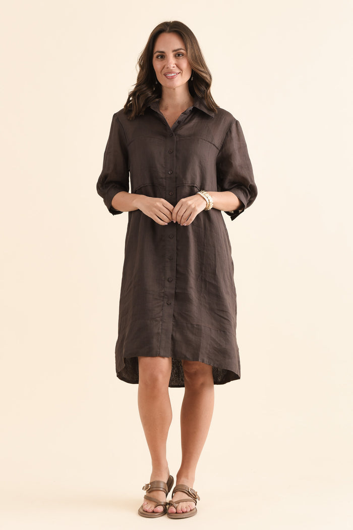 Radley Chocolate Cotton Pleated Shirt Dress,Full Body,Brunette model,alt text|model:MJ